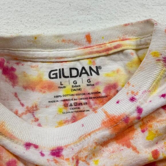 Gildan Tie Dye Pink Orange Yellow Tee, Fits Size Small - Picture 4 of 6